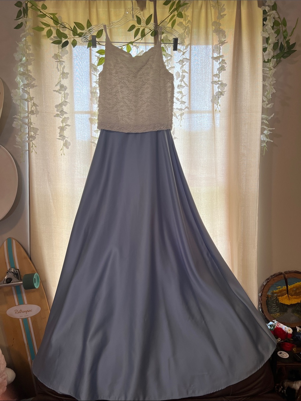 Lace Bodice Maxi Dress with Light Blue Satin Skirt